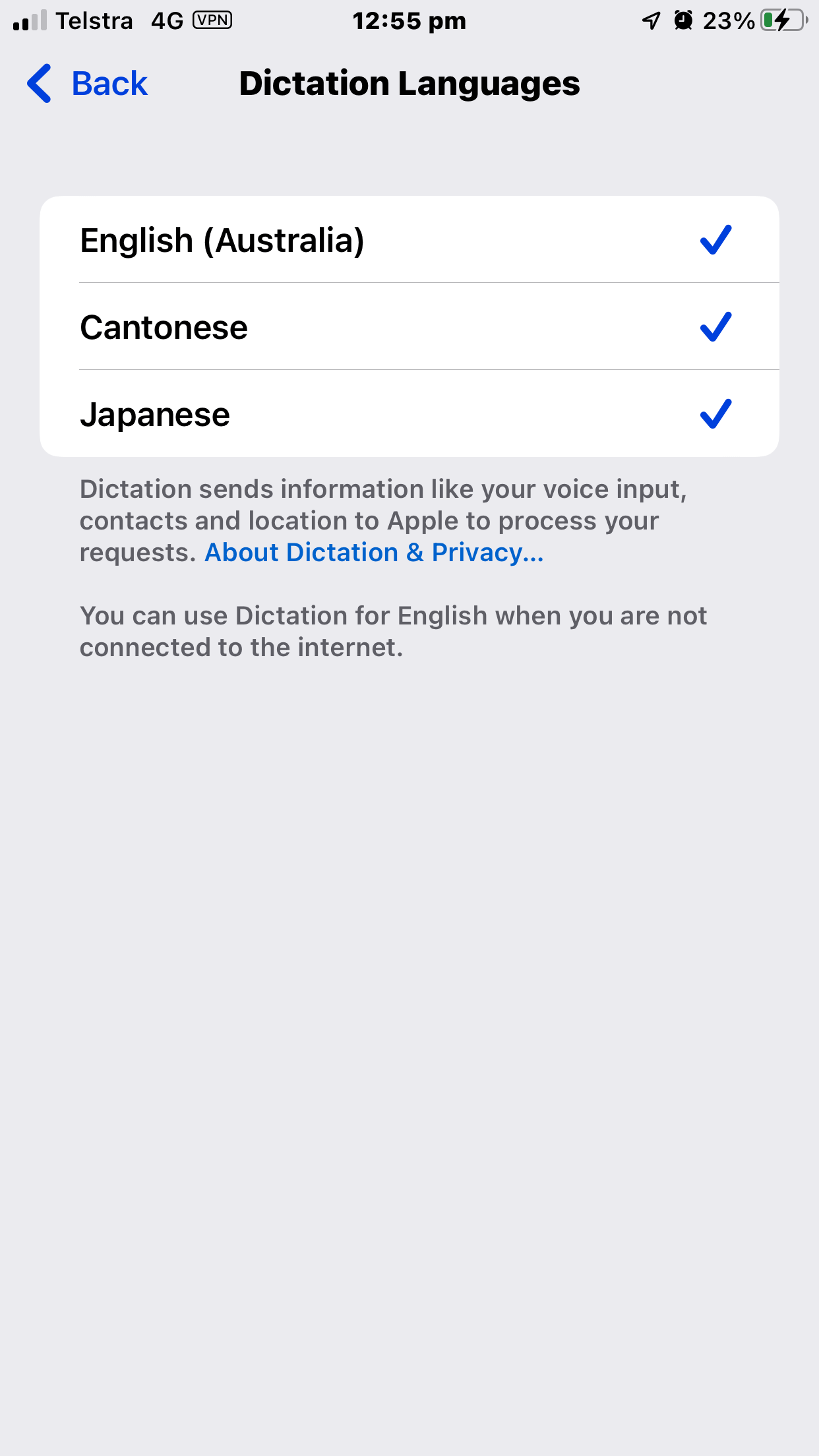 Image showing Cantonese selected as a Dictation Language on iOS